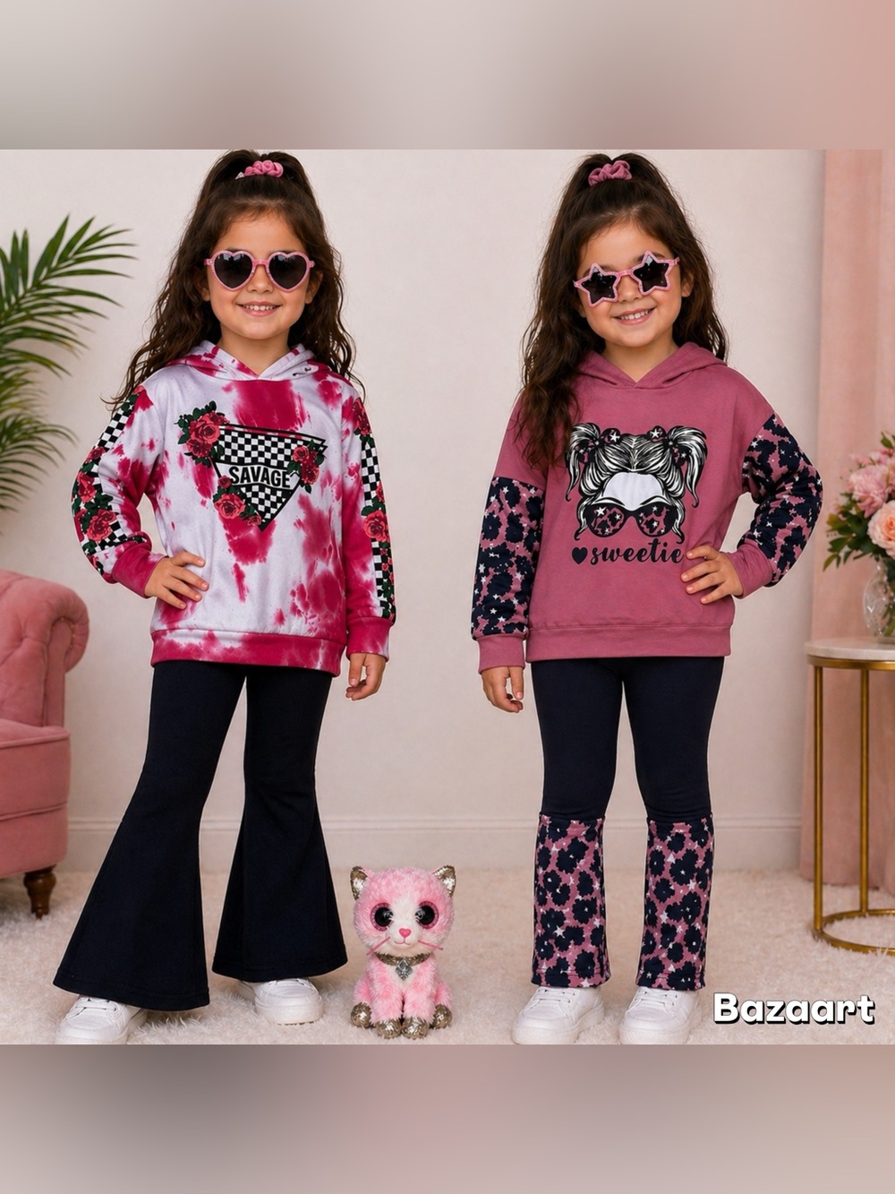 5Pc Savage Sweetly Pigtail Star Leopard 2 Hoodie Top & 2 Leggings Outfit Plush